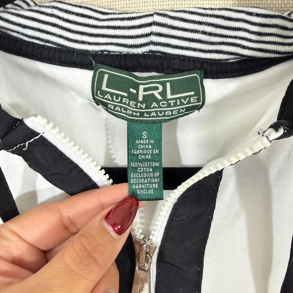 Lauren Ralph Lauren Active Womens White Black Zip Up Hoodie Small Cotton Striped - Picture 2 of 6